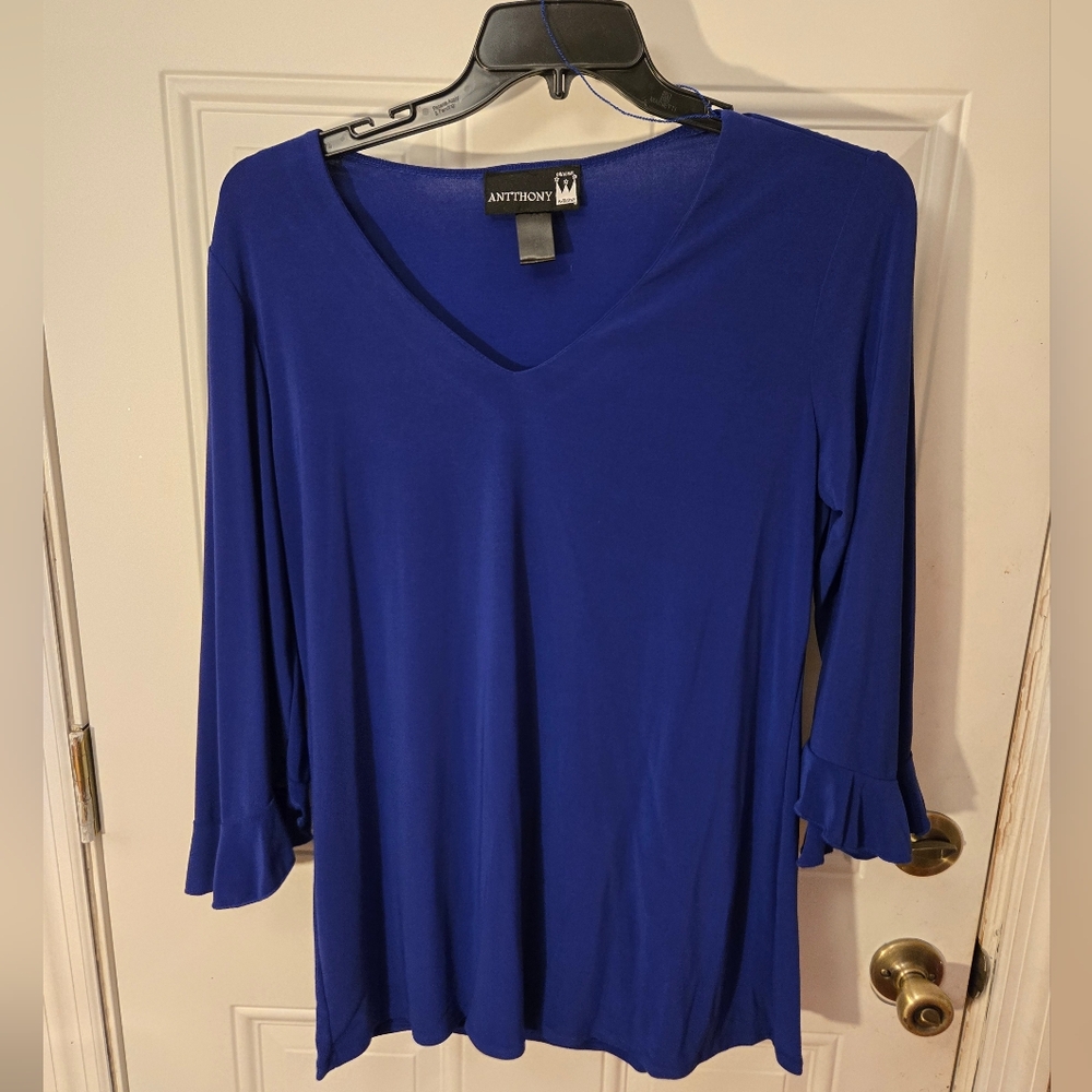 Vintage Antthony Original Size Large Deep Blue Blouse Ruffled Sleeves - Picture 1 of 7